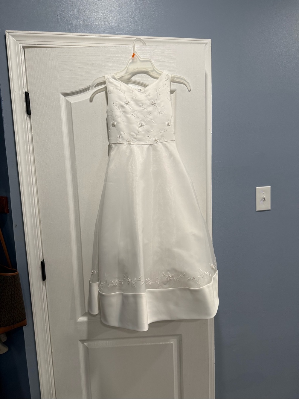 White Flower Girl Dress with Rhinestone Embellishments, Bonnie Jean size 8